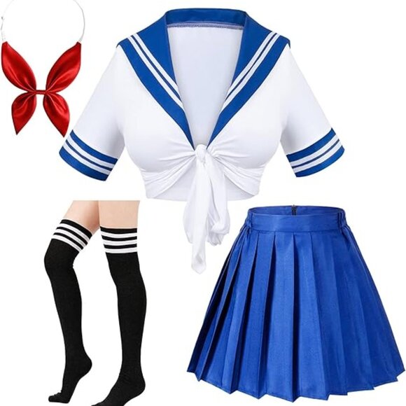 Japanese Anime Schoolgirl Sailor Skirt Uniform Seifuku Socks Bow Set Small - Picture 1 of 6